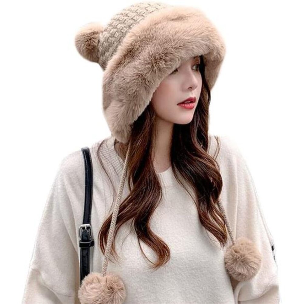 Winter Pompom Beanie Hats for Women Fluffy Knit Womens Beanie Faux Fur Crochet
